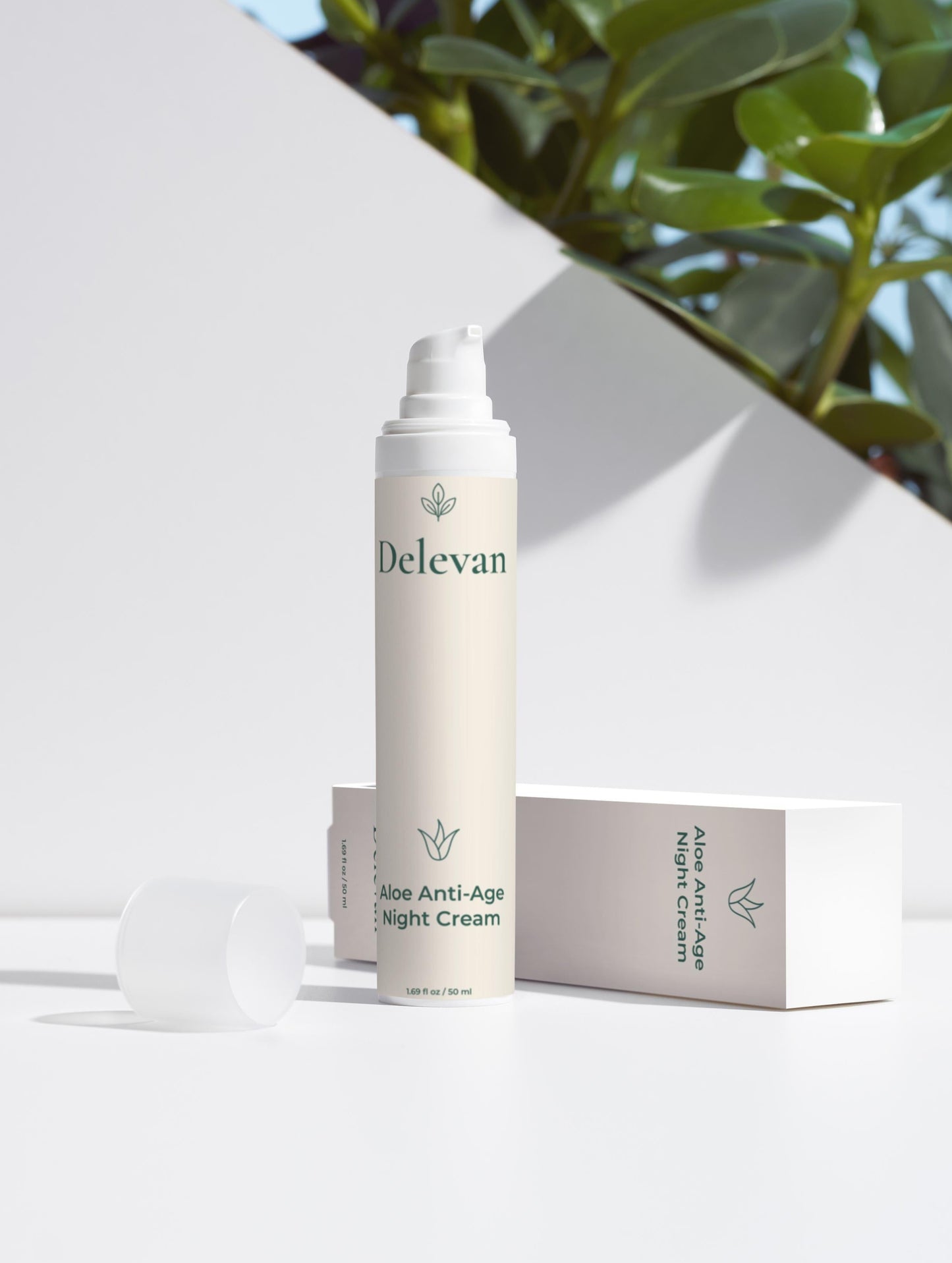 Delevan Aloe Anti-Age Night Cream with packaging on a white background with green leaves in part of background