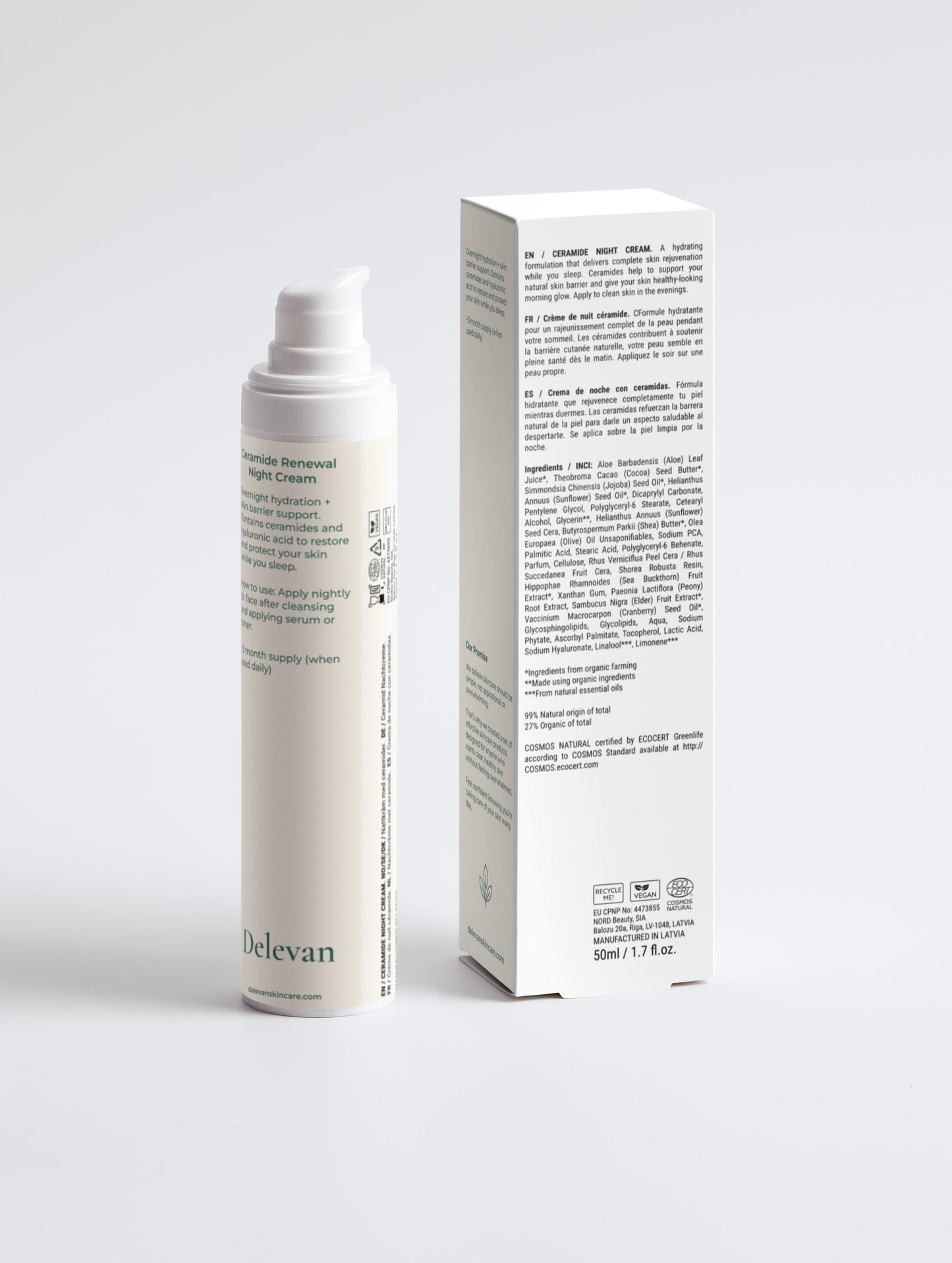 Back view of Delevan Ceramide Renewal Night Cream with packaging on a light gray background