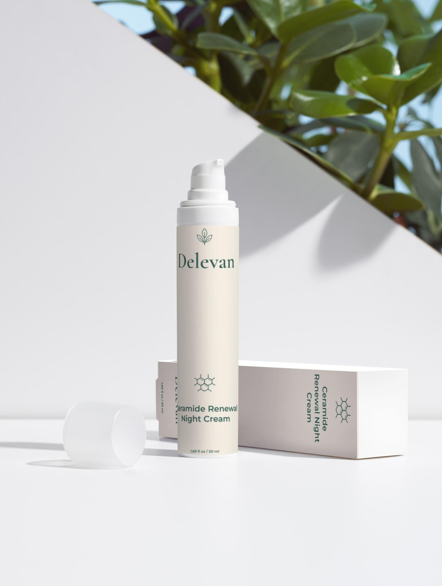 Delevan Ceramide Renewal Night Cream with packaging on a white background with greenery.