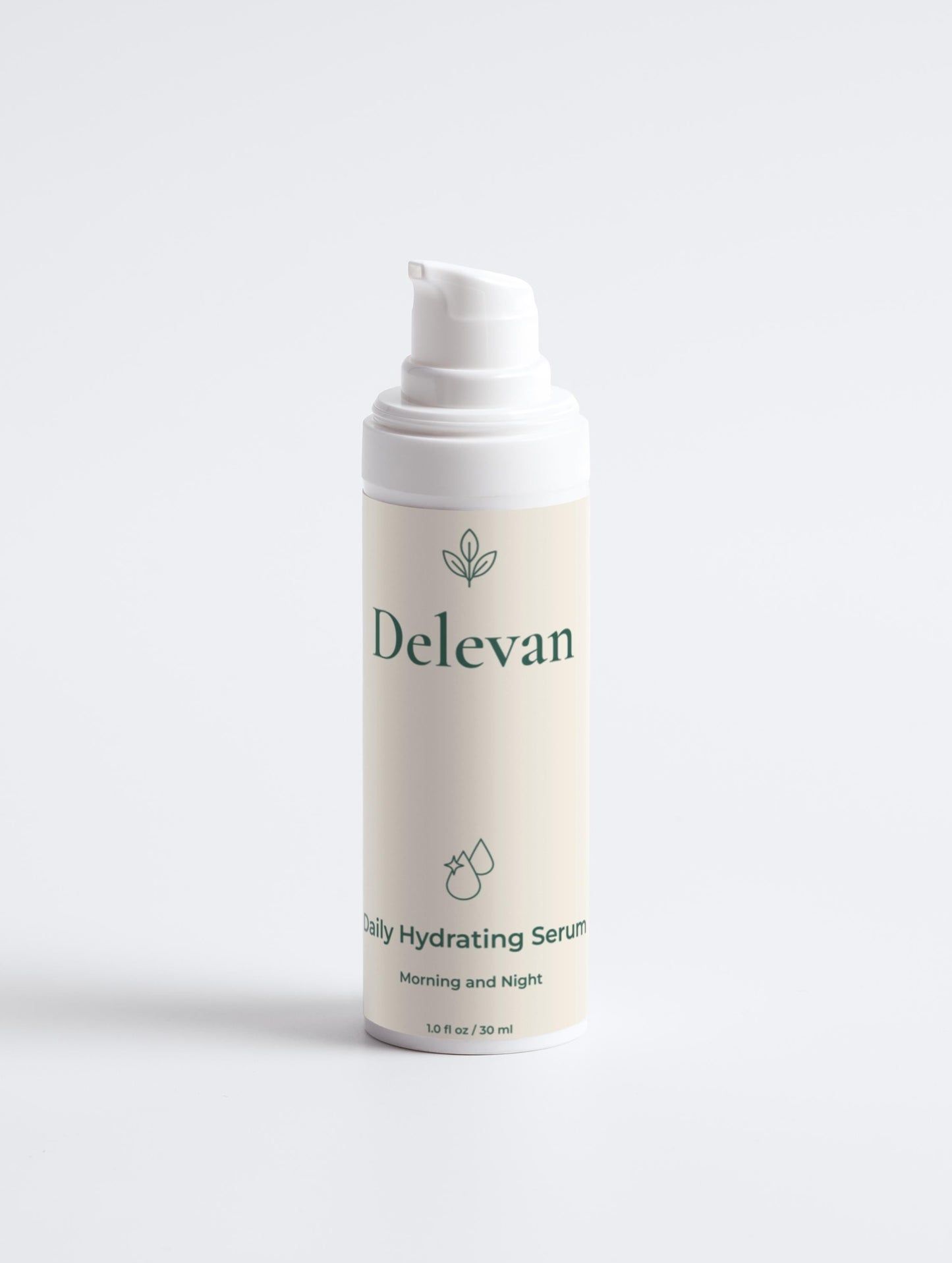 Delevan daily hydrating serum bottle on a white background