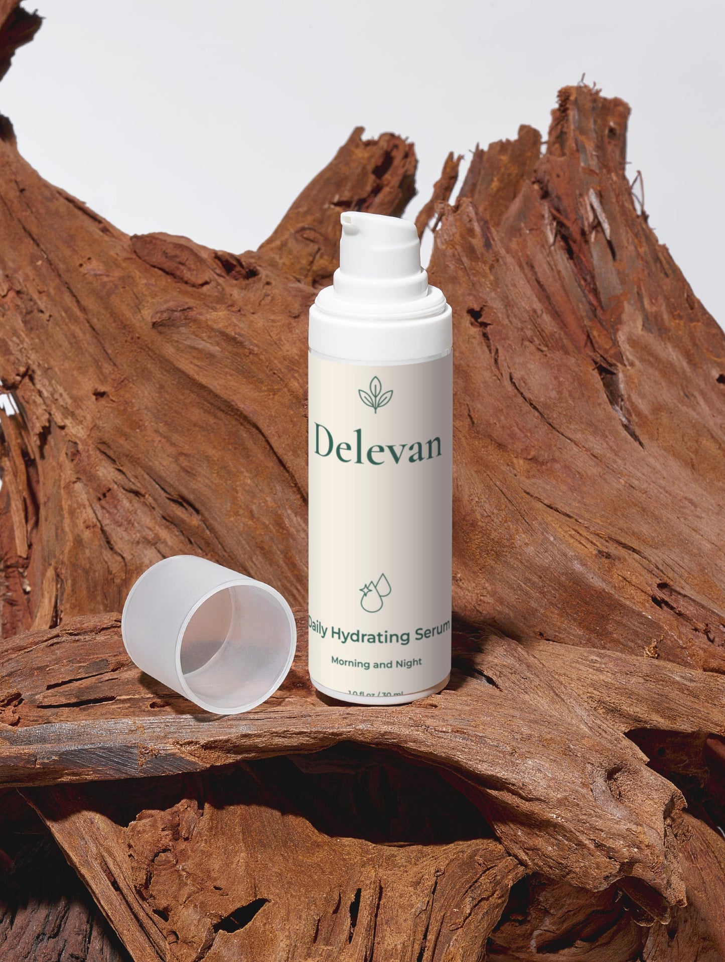 Delevan bottle of hydrating serum on a wooden surface
