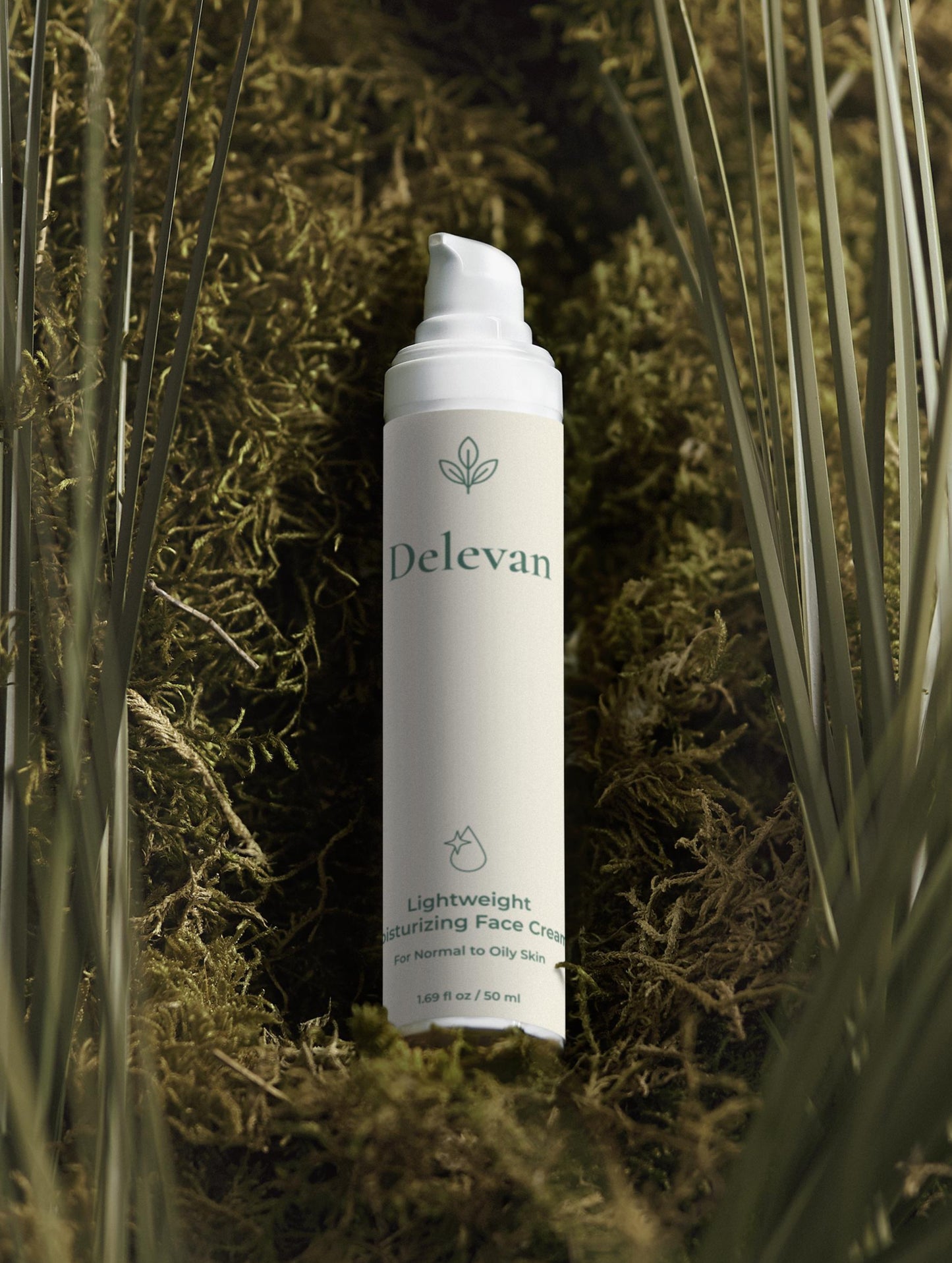Delevan lightweight face cream bottle on a natural background with plants