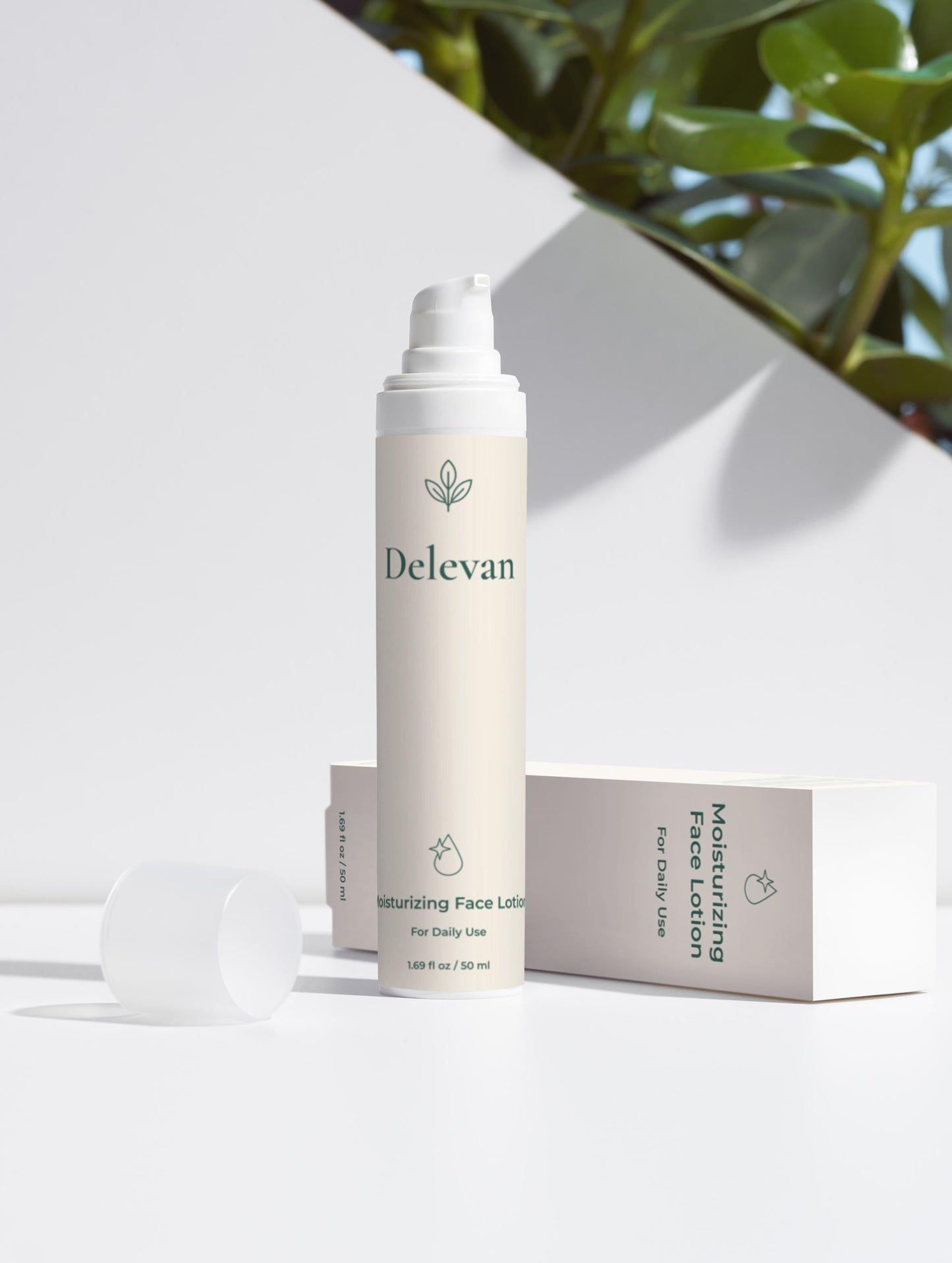 Delevan moisturizing face lotion with packaging on a white background