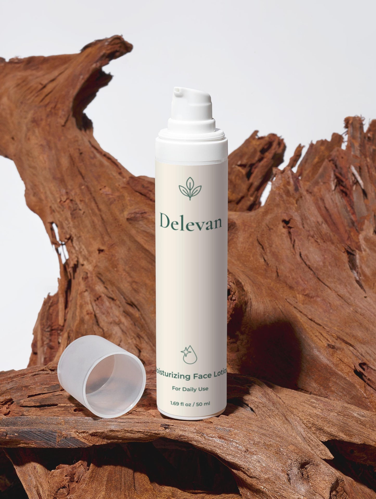 Delevan facial lotion bottle on a wooden surface