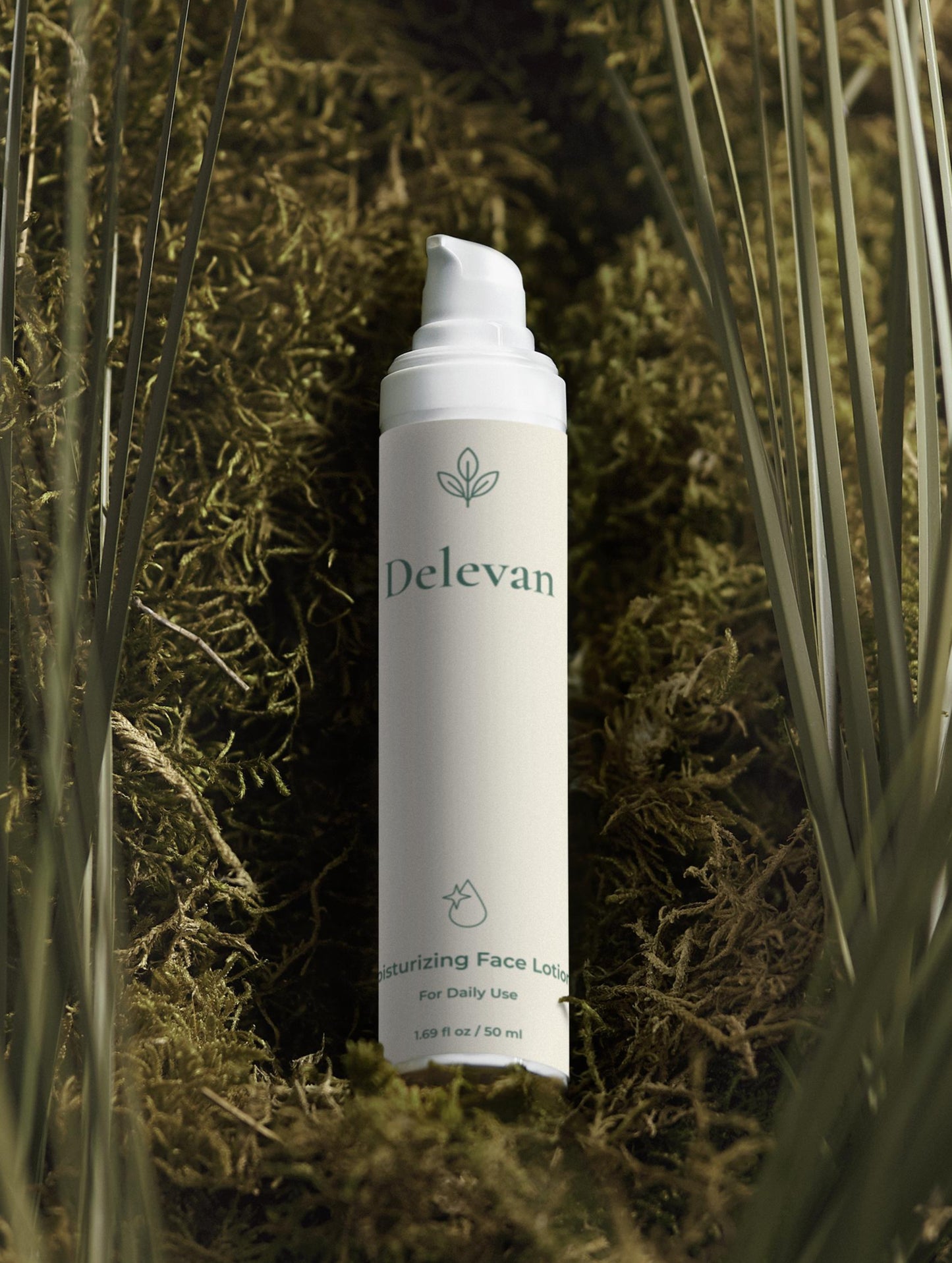 Delevan face lotion bottle on a natural background with plants