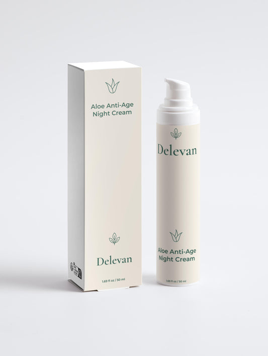 Delevan Aloe Anti-Age Night Cream with packaging on a white background