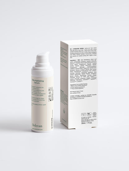 Back view of Skincare serum bottle and box with 'Delevan' branding on a white background