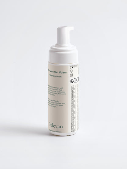 Delevan Foam Cleanser bottle with ingredients label on a white background