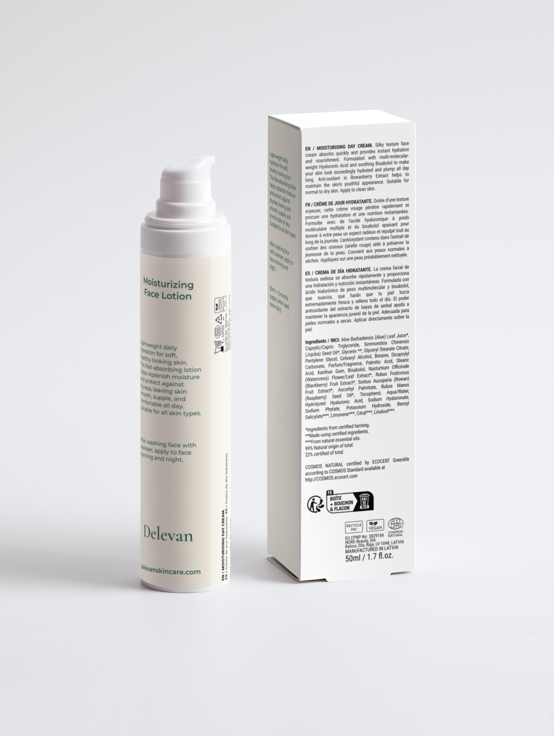 Delevan moisturizing facial lotion with packaging on a white background