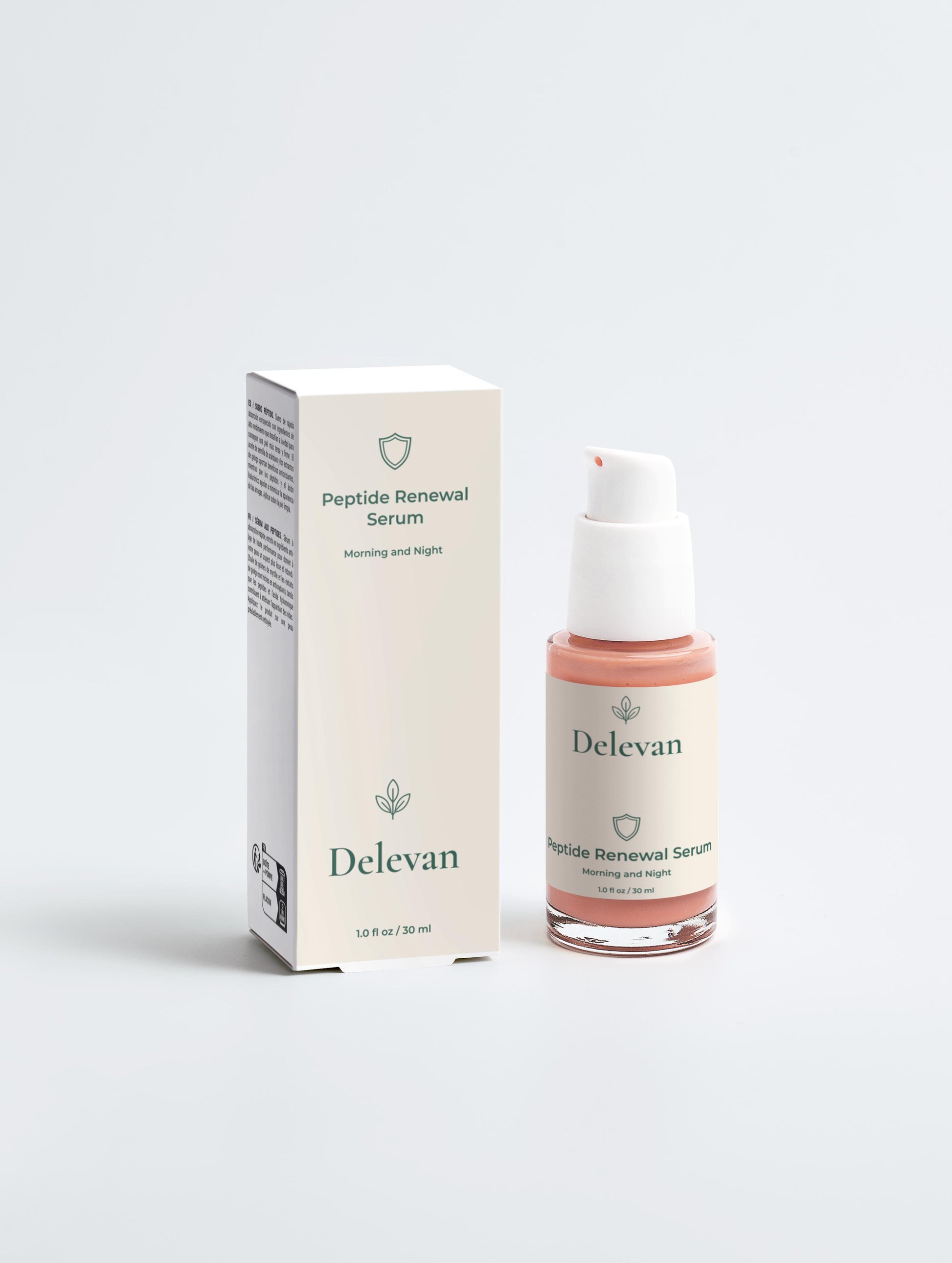 Delevan Peptide Renewal Serum bottle and packaging on a white background