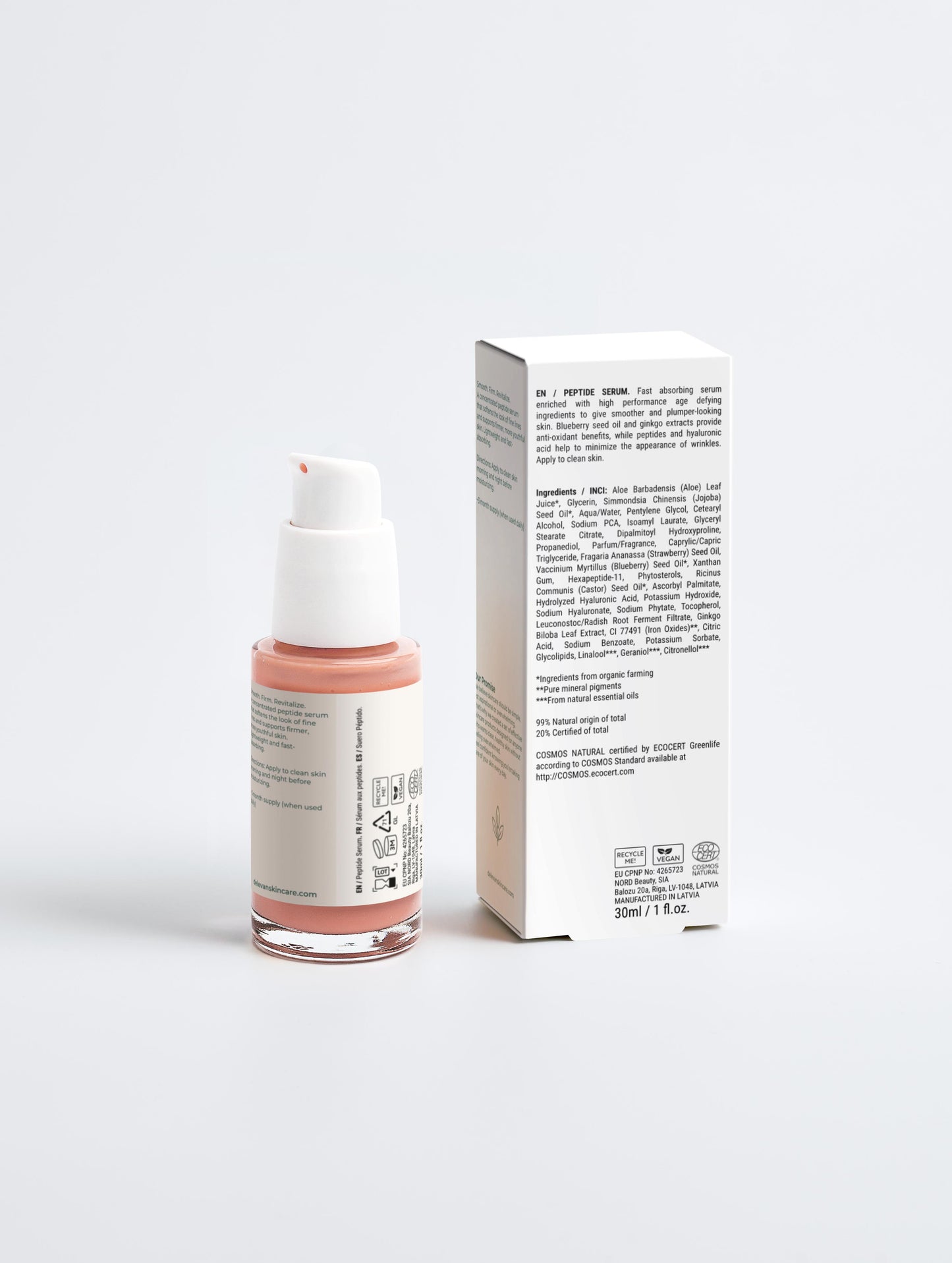 Back view of Delevan Peptide Anti-Aging Serum bottle next to its packaging on a white background