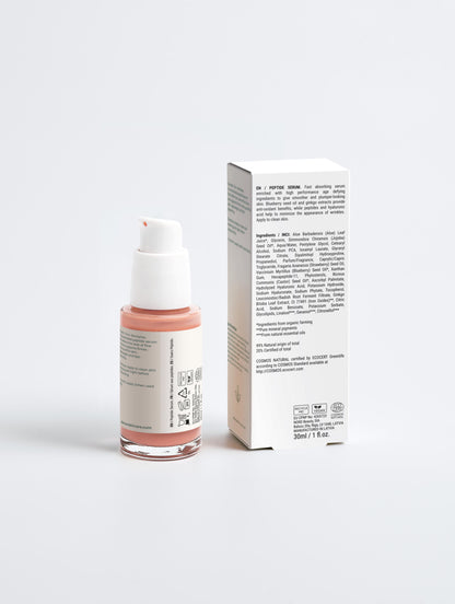 Back view of Delevan Peptide Anti-Aging Serum bottle next to its packaging on a white background