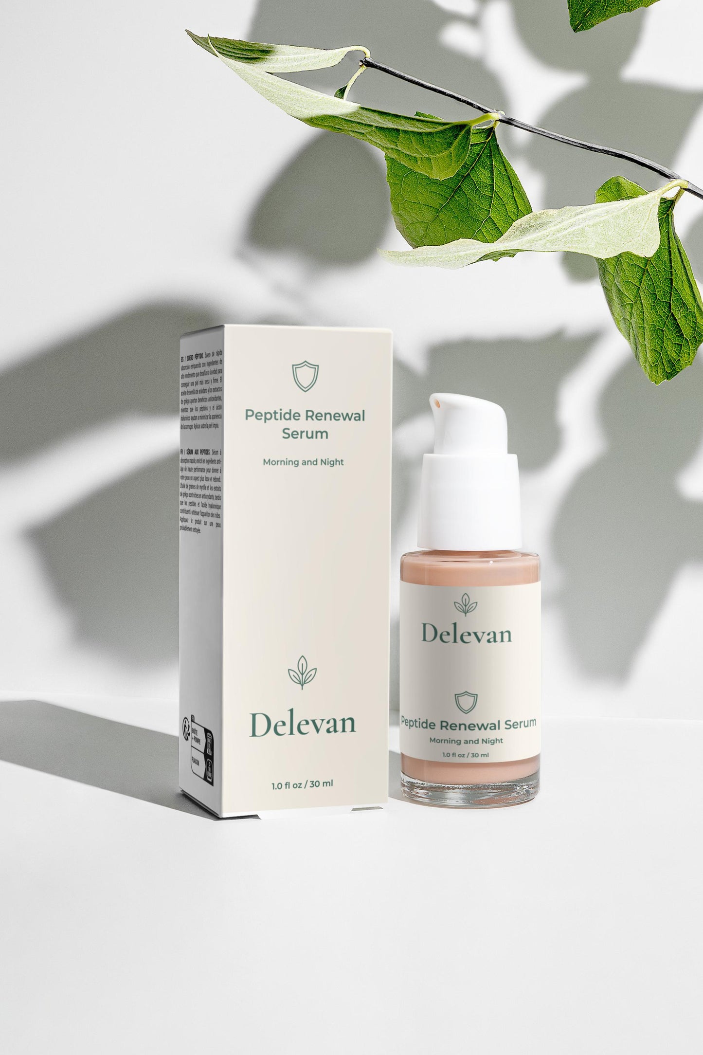 Delevan Peptide Anti-Aging Serum bottle and box with a leafy branch on a light background
