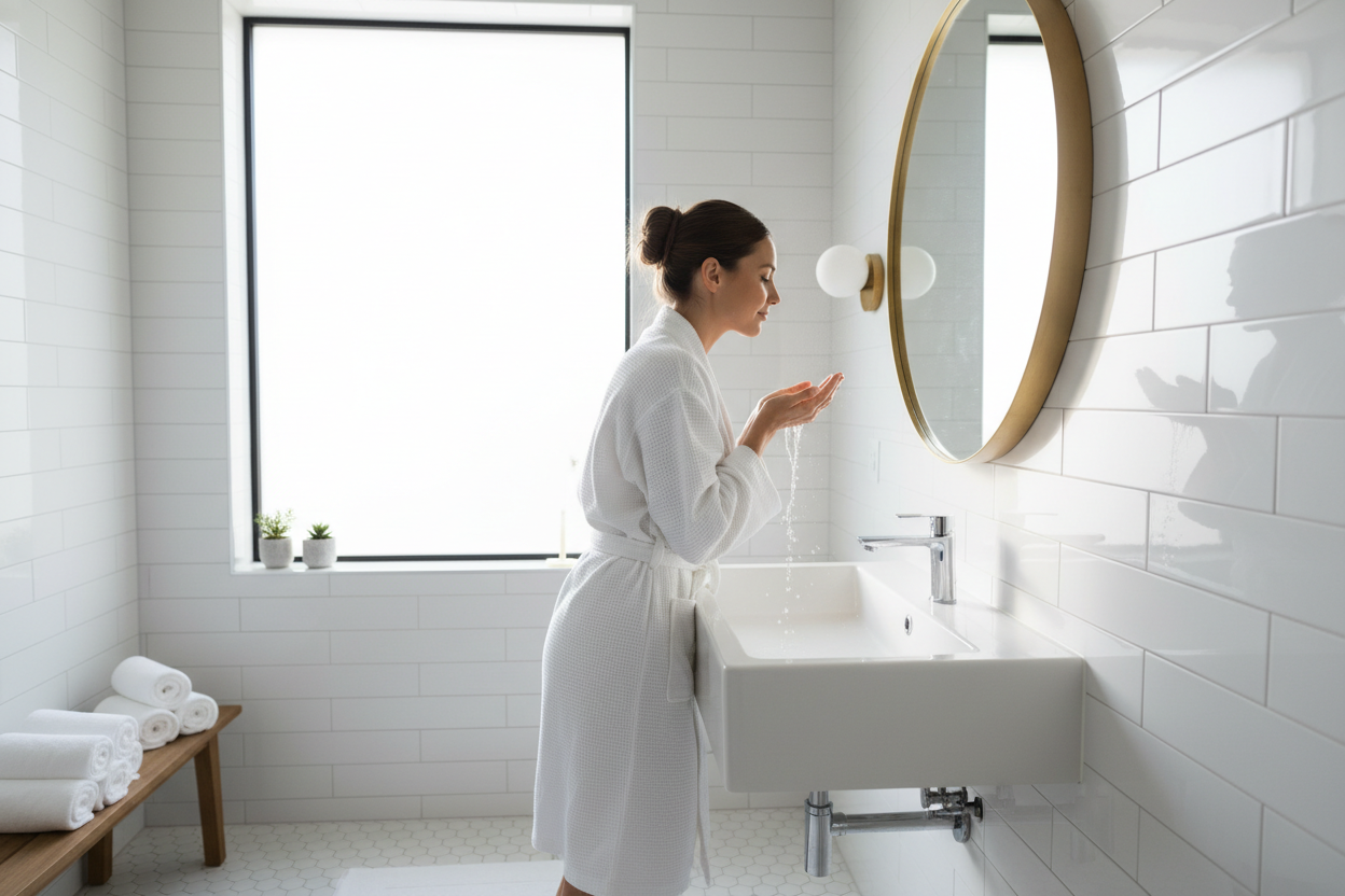 Create a lifestyle image of a clean, bright bathroom. With a woman gently washing her face and looking in the mirror.
